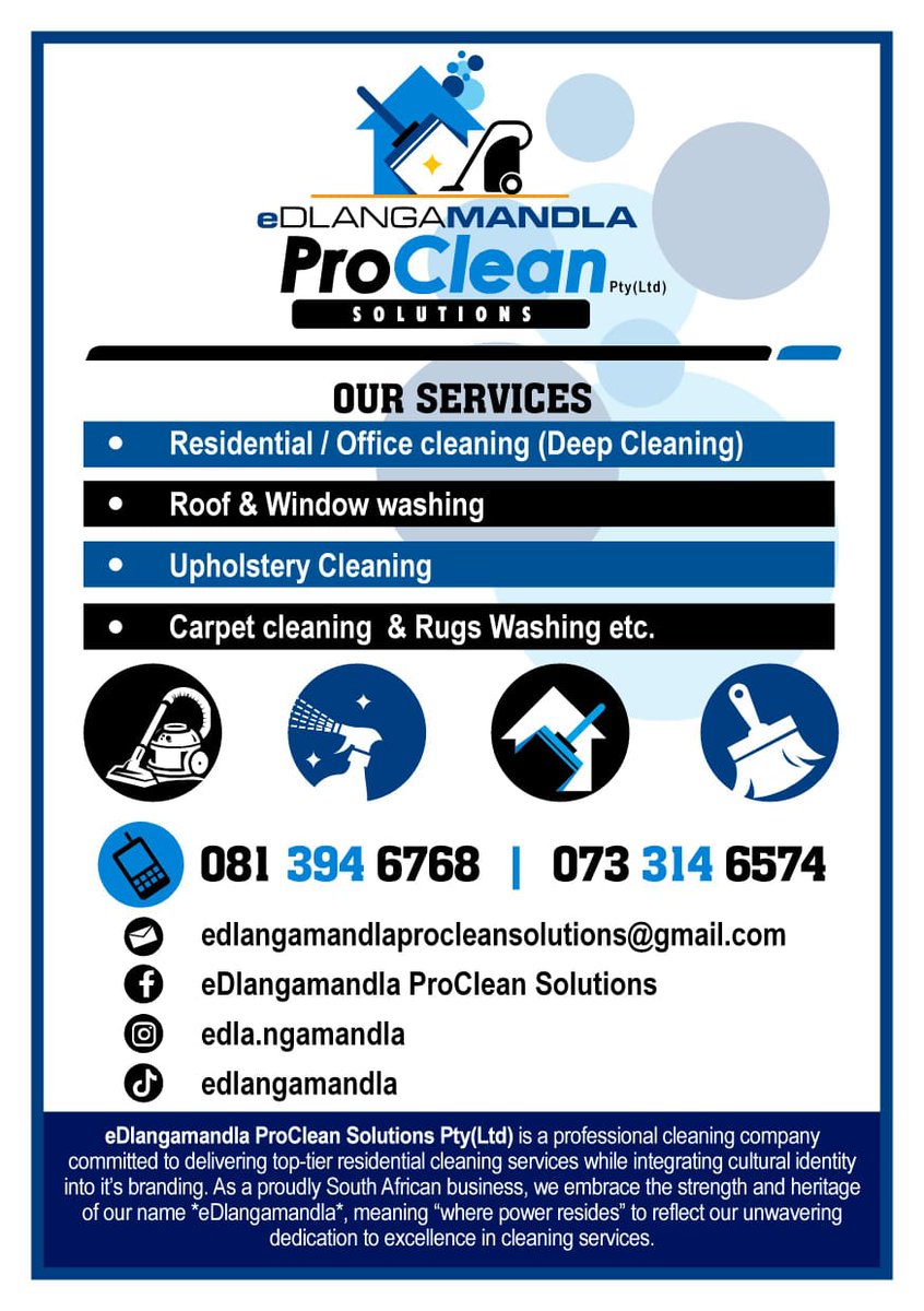 MrMtolo123's tweet image. ✨ Professional &amp;amp; Reliable Cleaning, Done Right! ✨
From deep residential &amp;amp; office cleaning to roof, window, and carpet care — eDlangamandla ProClean Solutions keeps your space spotless! 🧼💧
📞 081 394 6768 | 073 314 6574
#CleaningServices #ProClean #SouthAfrica #DeepCleaning