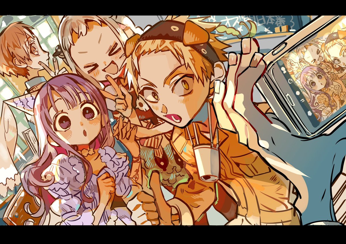 daisanity775643's tweet photo. Genuinely the vibes of chapters 96-104 of Hanako-kun is so underrated

Like, everyone just having fun together, doing regular school things, having fun, going out, joking around. And this artwork really feels like the epitome of it, cause look at how cozy everything looks #tbhk https://t.co/OJFhHoLHOG