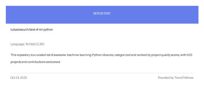 aitrendings's tweet image. lukasmasuch/best-of-ml-python

💻 N/A

#MachineLearning #PythonLibraries #OpenSource #DataScience #AICommunity

🔗 trendtoknow.ai