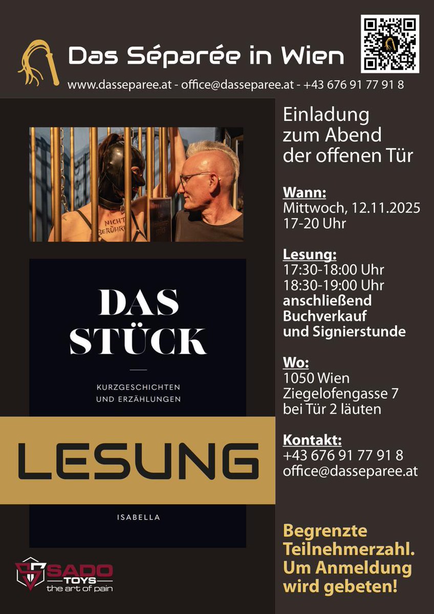 Das Séparée | Playlocation in WIEN
12-11-2025 | Abend der offenen Tür
Mit Lesung von Isabella aus ihrem Buch «Das Stück» – Erzählungen einer Sklavin ...
Info: fetishpoint.at/veranstaltung/…