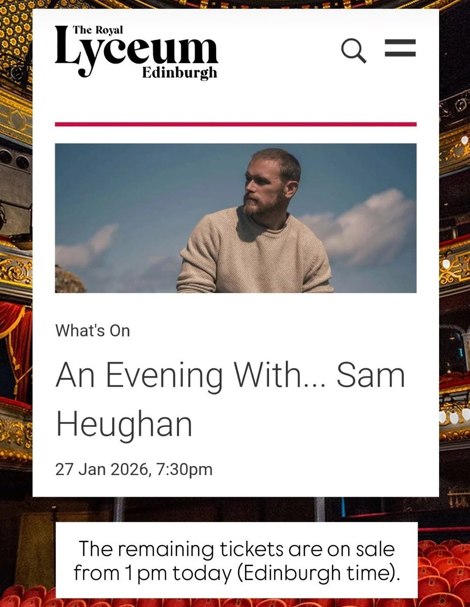 Tash (@peekaboo_jen) on Twitter photo Hi folks.
Today's the day to save yourself a seat at The Lyceum for an evening with our favourite tall Scottish guy.
Ticket link: lyceum.org.uk/events/an-even…
Best of luck!!
#samheughan Hi folks.
Today's the day to save yourself a seat at The Lyceum for an evening with our favourite tall Scottish guy.
Ticket link: lyceum.org.uk/events/an-even…
Best of luck!!
#samheughan
