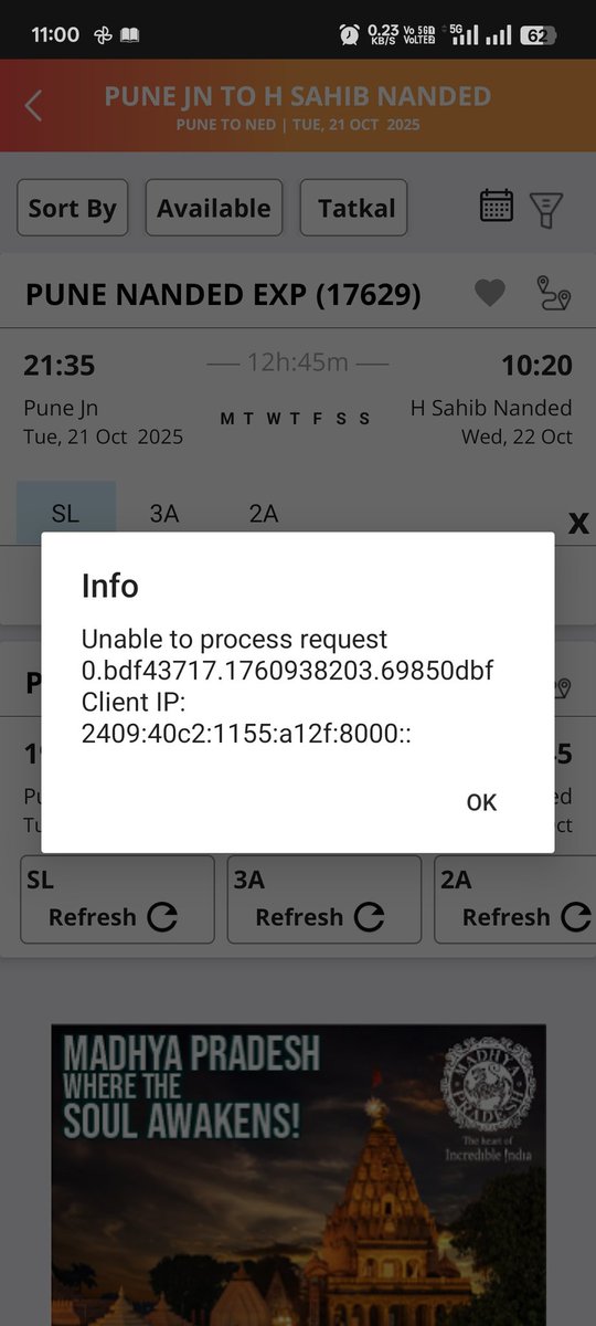 bhaware358's tweet photo. Irctc official application technical error. This is how problems are encountered while booking Tatkal tickets. Please sort out this problem.

@IRCTCofficial 
@RailMinIndia 
@RailwaySeva 
@GMSRailway 
@Central_Railway 
@Railway https://t.co/JGXCzPt6CK