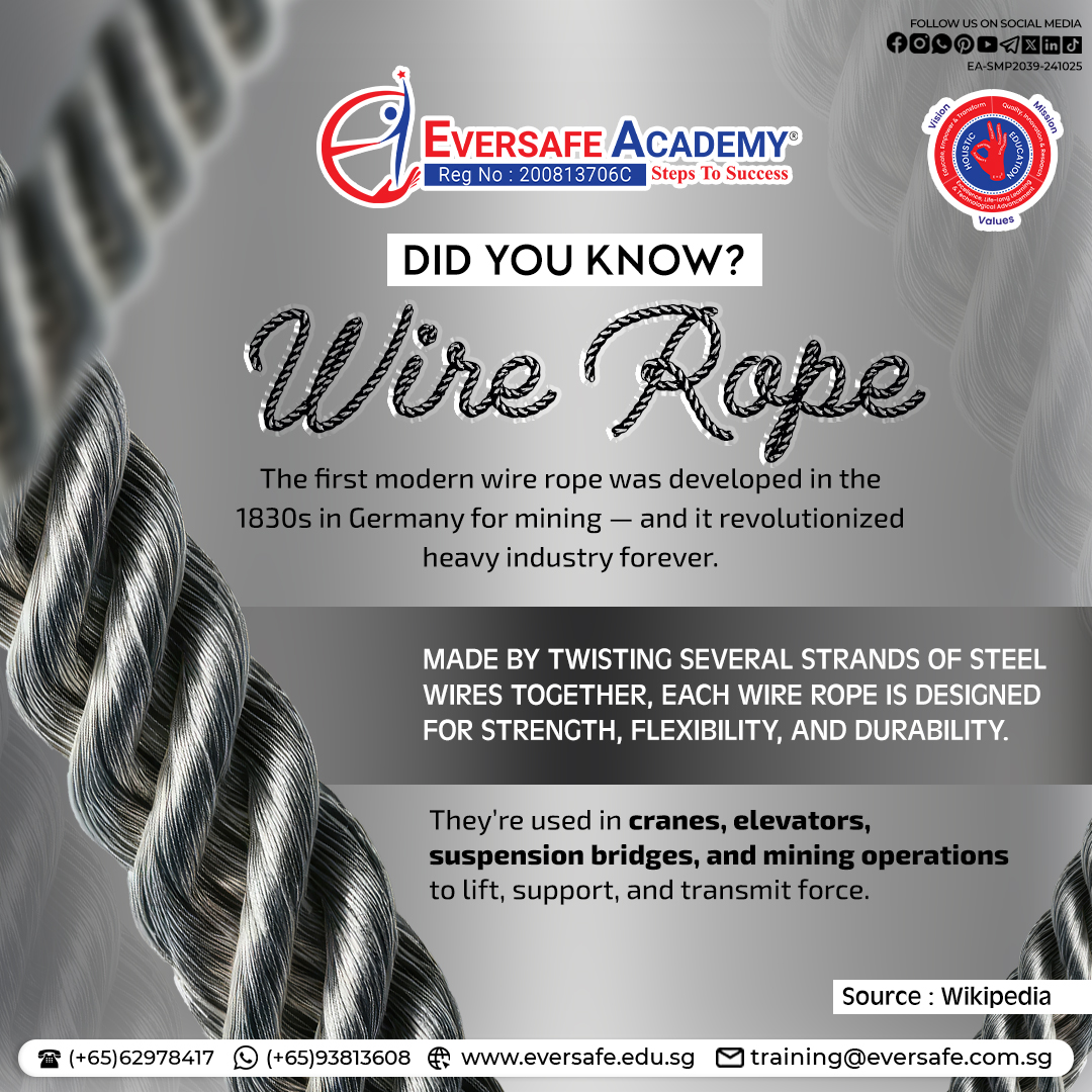 EversafeAcademy's tweet image. 💡 DID YOU KNOW? The  Wire Rope changed heavy industry forever|  EVERSAFE Academy® Singapore !
📲 WhatsApp: 📱 bit.ly/3JKmp0J
#WireRope #LiftingGear #SteelCable #HeavyLifting #EngineeringFacts #ConstructionSafety #CraneSafety #Rigging #MechanicalEngineering