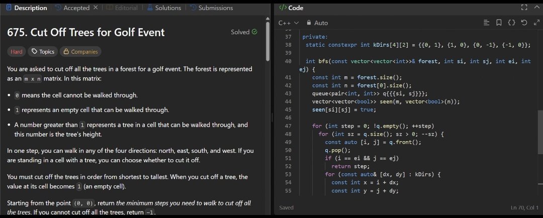 vedant_borle's tweet image. ⭐This one was quite tough!
1) Cut all trees from shortest → tallest in a grid using BFS for paths
2) A min-heap for order.
3)Return min steps or -1 if unreachable.
Tricky but super satisfying once solved 💪
#DSA 
#LeetCode 
#BFS 
#Coding