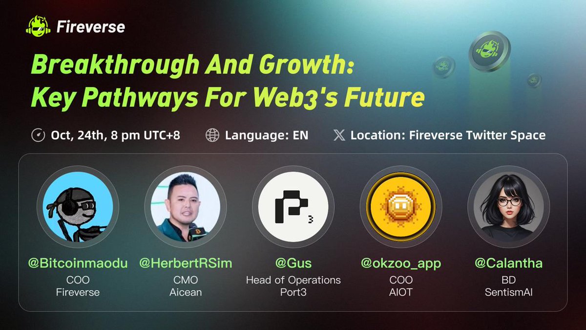 FireverseV's tweet photo. 🎶 Fireverse Twitter Space is coming!

🗓 Date: Oct 24th, 8PM UTC+8
🎯 Theme: Breakthrough and Growth - Key Pathways for Web3's Future
📍 Location: Fireverse Twitter Space

🎙️ Speakers
@FireverseV — Host
@Bitcoinmaodu — COO, @FireverseV
@HerbertRSim — CMO, @Aicean_ai 
Gus — Head of Operations, @Port3Network 
 YJ — COO of @okzoo_app
Calantha — BD of @Sentism_ai 

🚀 Stay tuned!