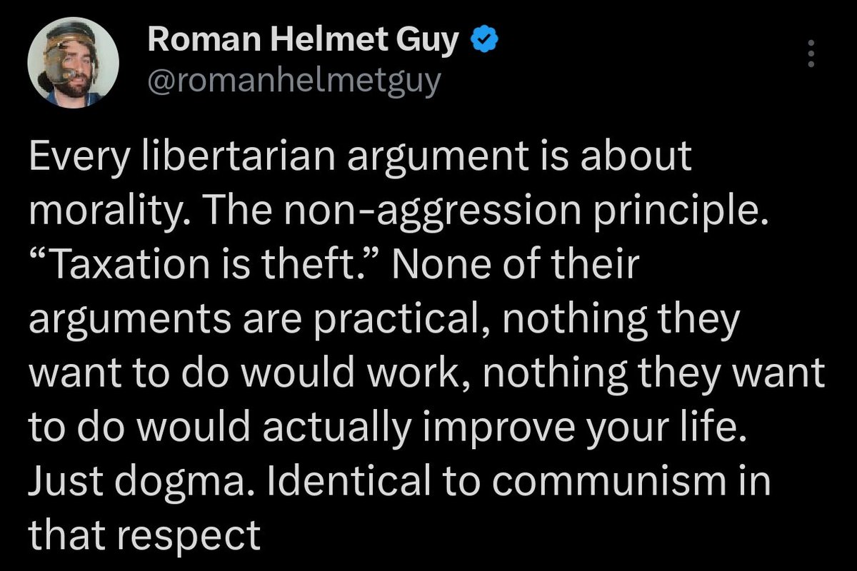 This take misses the entire axis of the conversation. 

Libertarian arguments are not sermons about being nice. 

They start with a simple inventory of reality: individuals act, time is scarce, preferences differ, trade beats force because it preserves both sides’ plans.