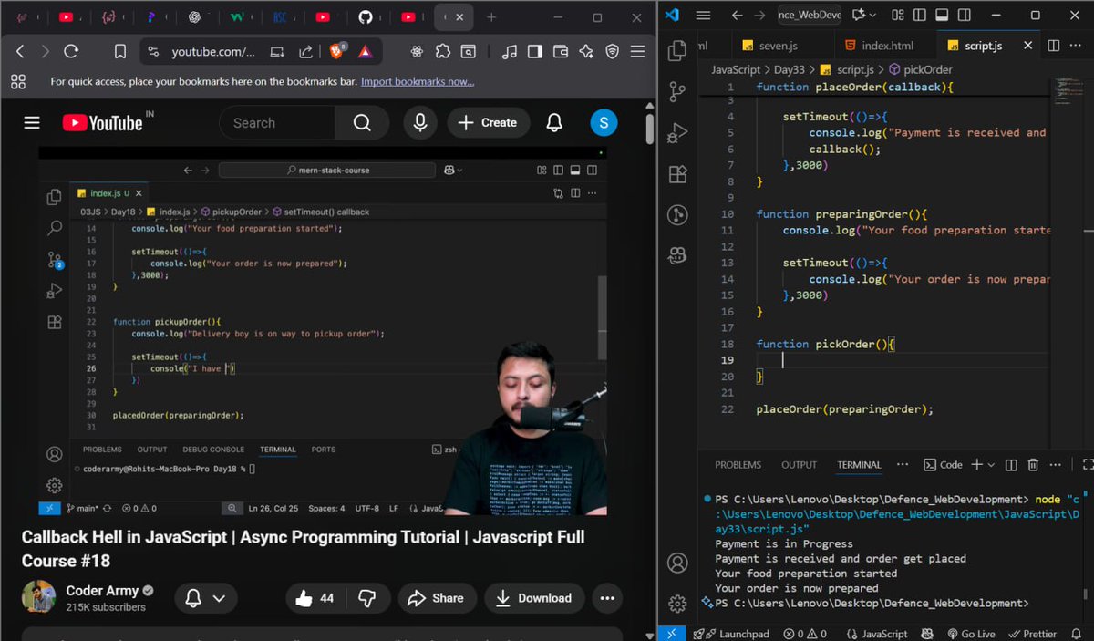 ketan_saroha710's tweet image. Day 32 of my Web Dev Course with @rohit_negi9 Bhaiya Ji &amp;amp; @adityatandon02 Guri Ji 

Learned about Callback Hell in JS using a food delivery example  — each step depends on the last!

Now I see why Promises &amp;amp; async/await are game-changers 

#JavaScript #WebDev #MERNStack #Coding