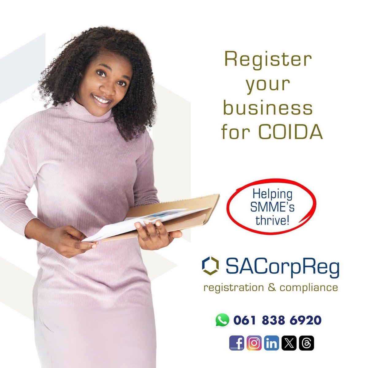 SACorpReg's tweet photo. 🔹 COIDA REGISTRATION 
As a Small, Medium, or Micro Enterprise (SMME), ensuring the safety and protection of your employees is crucial. The Compensation for Occupational Injuries and Diseases Act (COIDA) provides vital coverage in case of workplace accidents or injuries. https://t.co/Ni3a4pCZbe