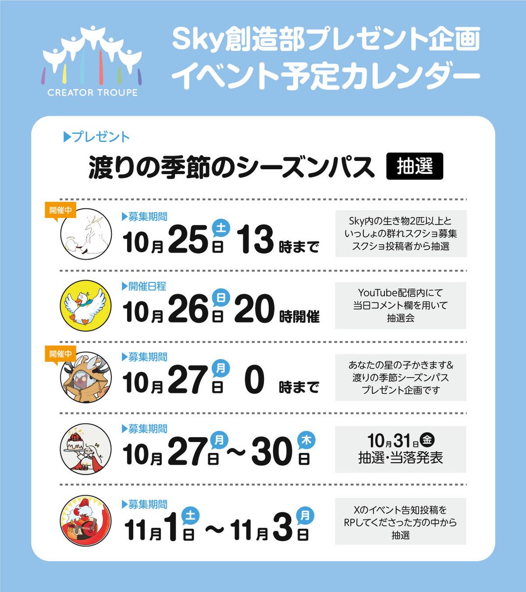 pealthyTAKEO's tweet image. Sky創造部からプレゼント企画のスケジュールを一部公開！
各企画の詳細は各創造部メンバーアカウントをフォローの上、告知発表をチェックしよう！✨ 

#Sky創造部 #SkyCreatorTroupe #sky星を紡ぐ子どもたち