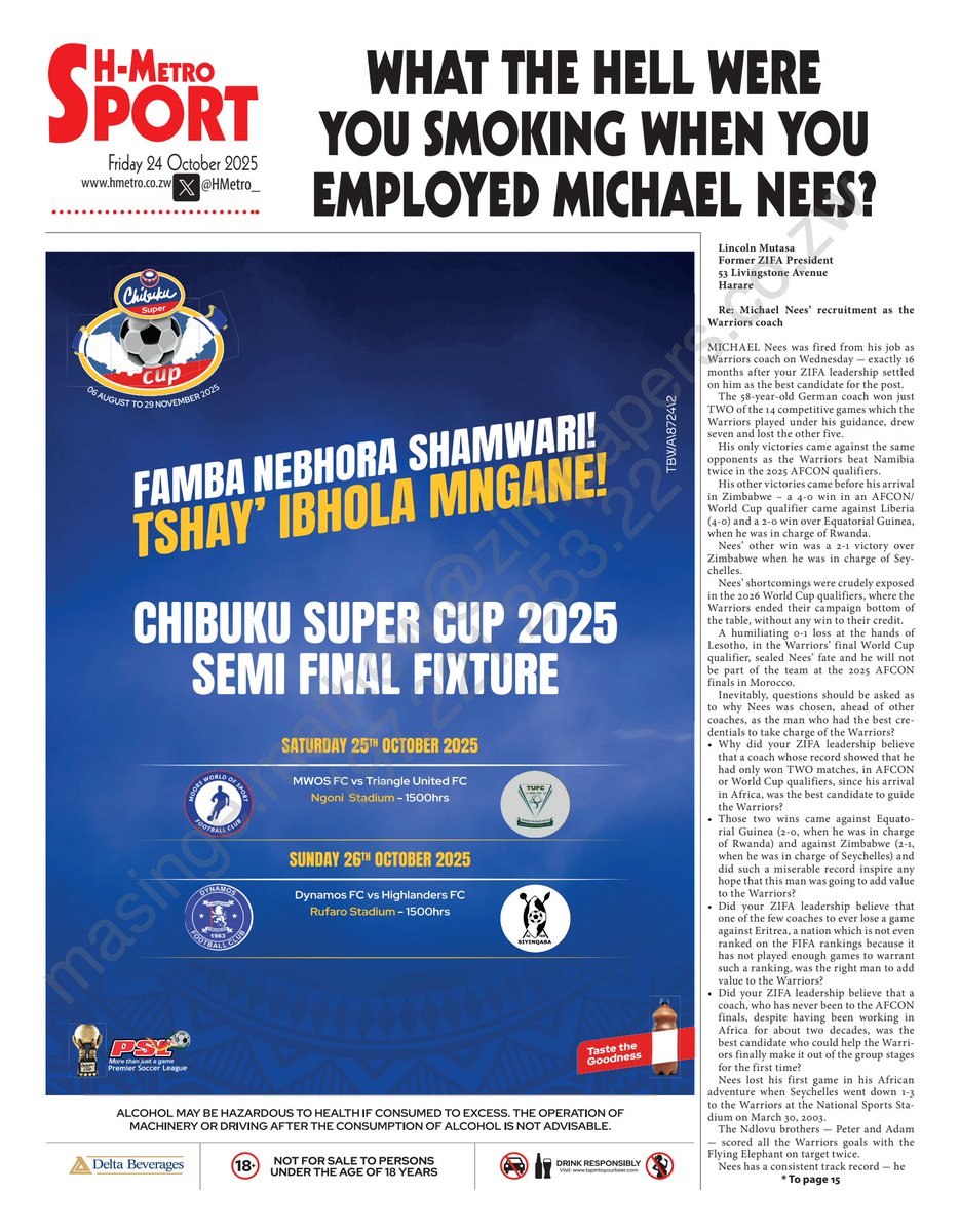 #BACKPAGE 

Why did your ZIFA leadership believe that a coach whose record showed that he had only won TWO matches, in AFCON or World Cup qualifiers, since his arrival in Africa, was the best candidate to guide the Warriors?

heraldonline.co.zw/what-the-hell-…