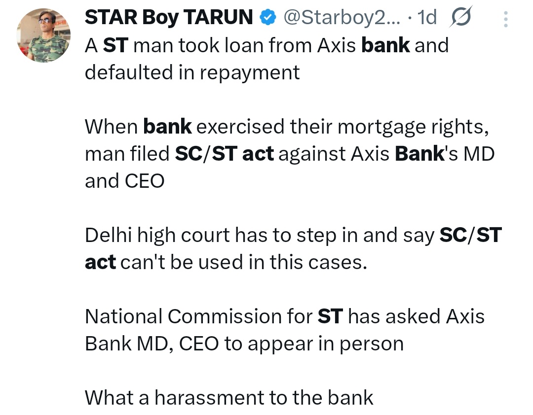 If you can’t repay your loan, book the SC/ST Act on MD and CEOs. 

What’s next?

If your flight is delayed, book the SC/ST Act on the pilot.

At this rate, you could be booked under the SC/ST Act for anything you do. That’s the irony.