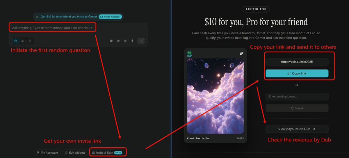 Milo248's tweet image. Perplexity is promoting its AI browser! 🚀 Invite friends + they start 1 conversation = $20! 💰

1️⃣ Sign up: pplx.ai/milo2025 (Select "US" as country)
2️⃣ Download Comet &amp;amp; ask 1 question
3️⃣ Click "Invite &amp;amp; Earn" for your link
4️⃣ Share &amp;amp; track earnings on Dub!
Easy money! 💸