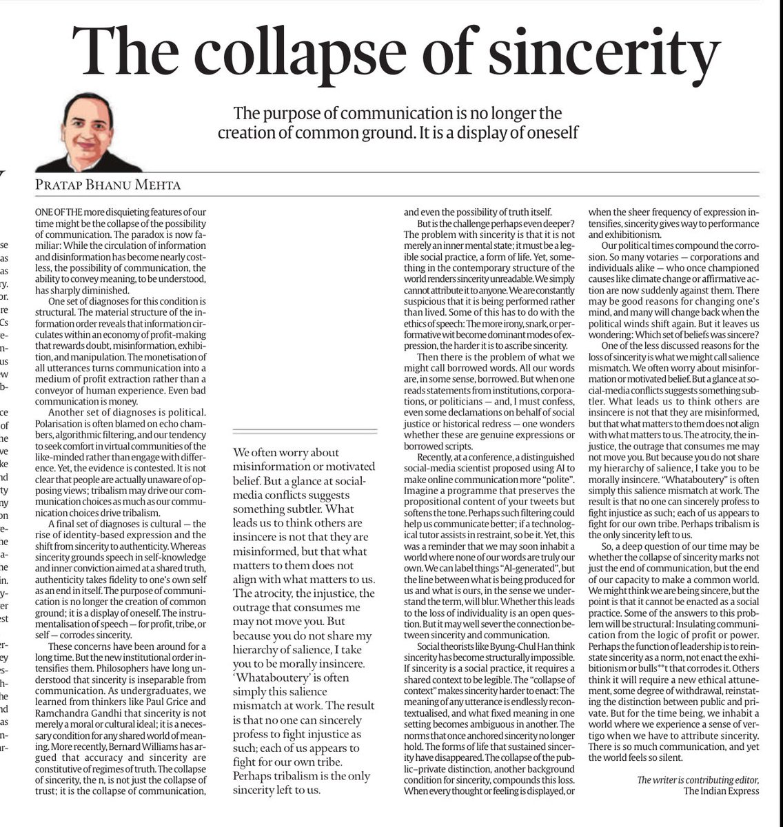 “..the collapse of sincerity marks not just the end of communication, but the end of our capacity to make a common world.”
Must read: