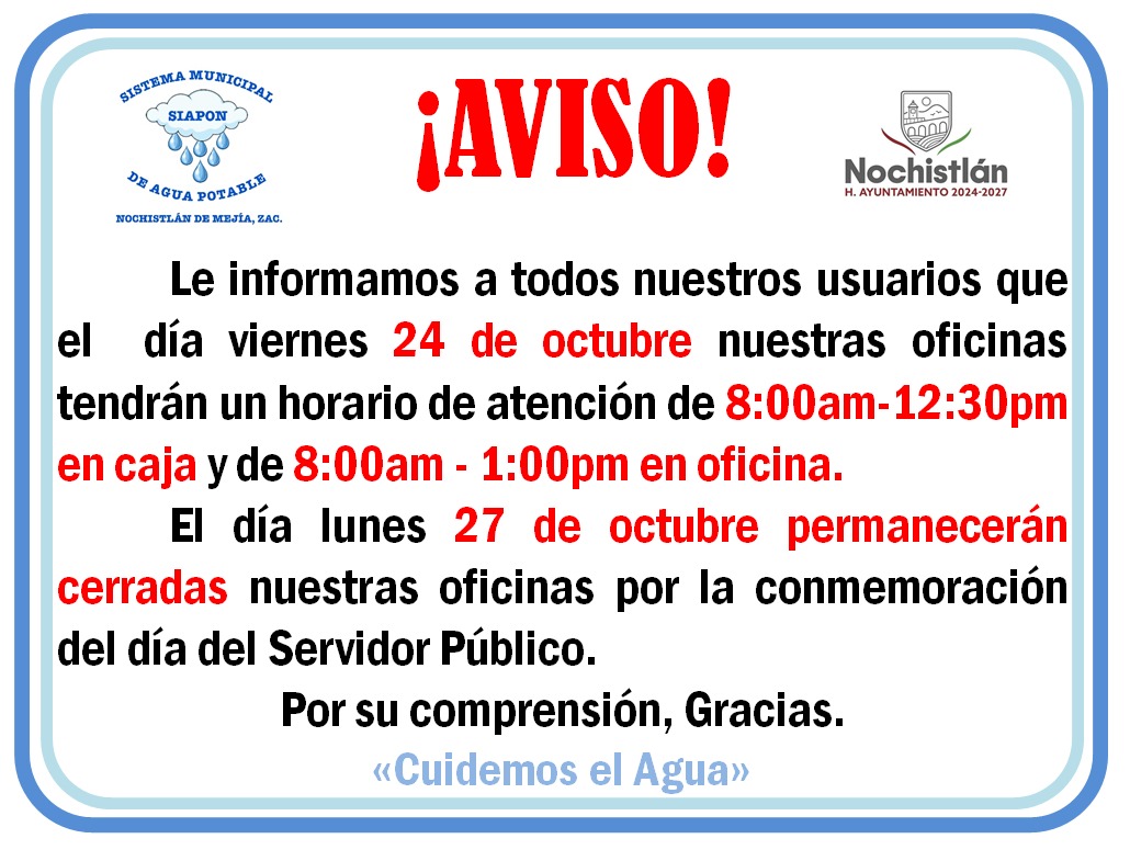 SIAPON2's tweet photo. 📣𝐀𝐭𝐞𝐧𝐜𝐢ó𝐧⚠️
El viernes cambia el horario de atención y el lunes brindaremos servicio.
#cuidemosjuntoselagua
Mas inf.--> https://t.co/Jh12m2rzC5 https://t.co/vVfz5wCyv4