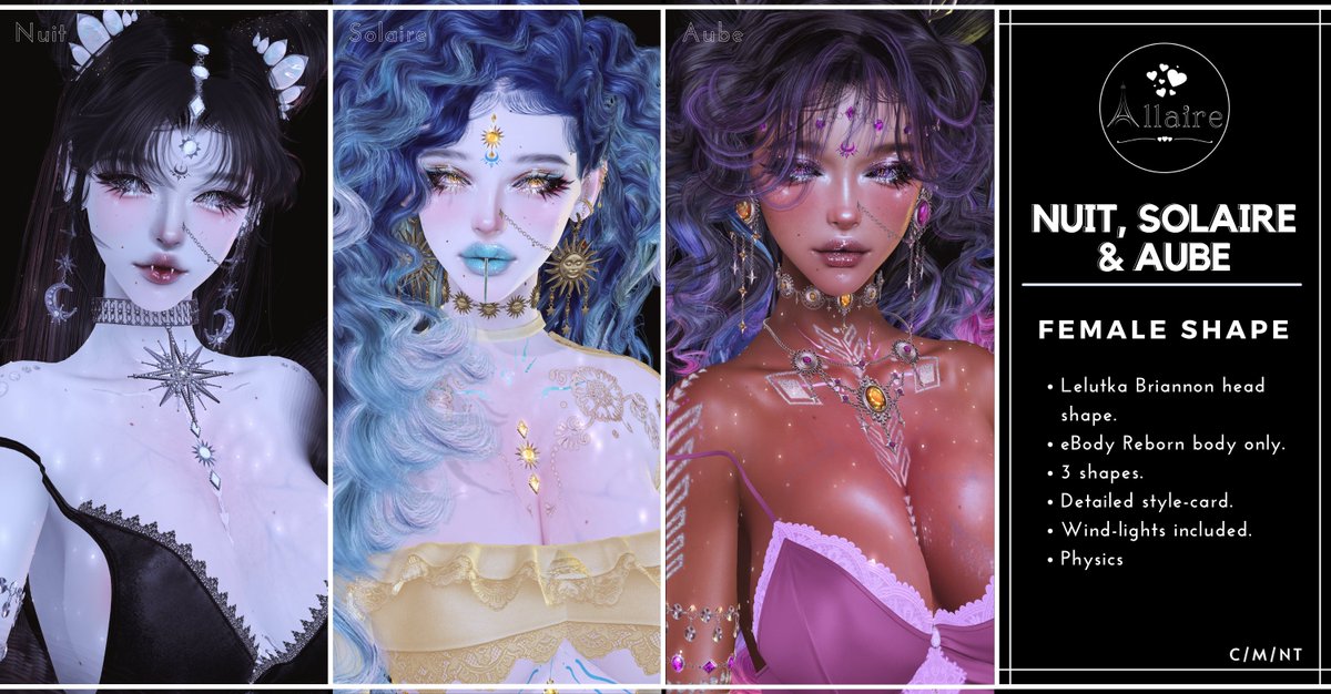 MomoKyandi's tweet image. Hello~! I've made new female shapes. For Briannon & Reborn only, though. 
The concept is half fantasy, half modern; it is in French, but they're Night // Sunny // Dawn. 
Hope you guys like them!❣️
marketplace.secondlife.com/p/A-L-L-A-I-R-…