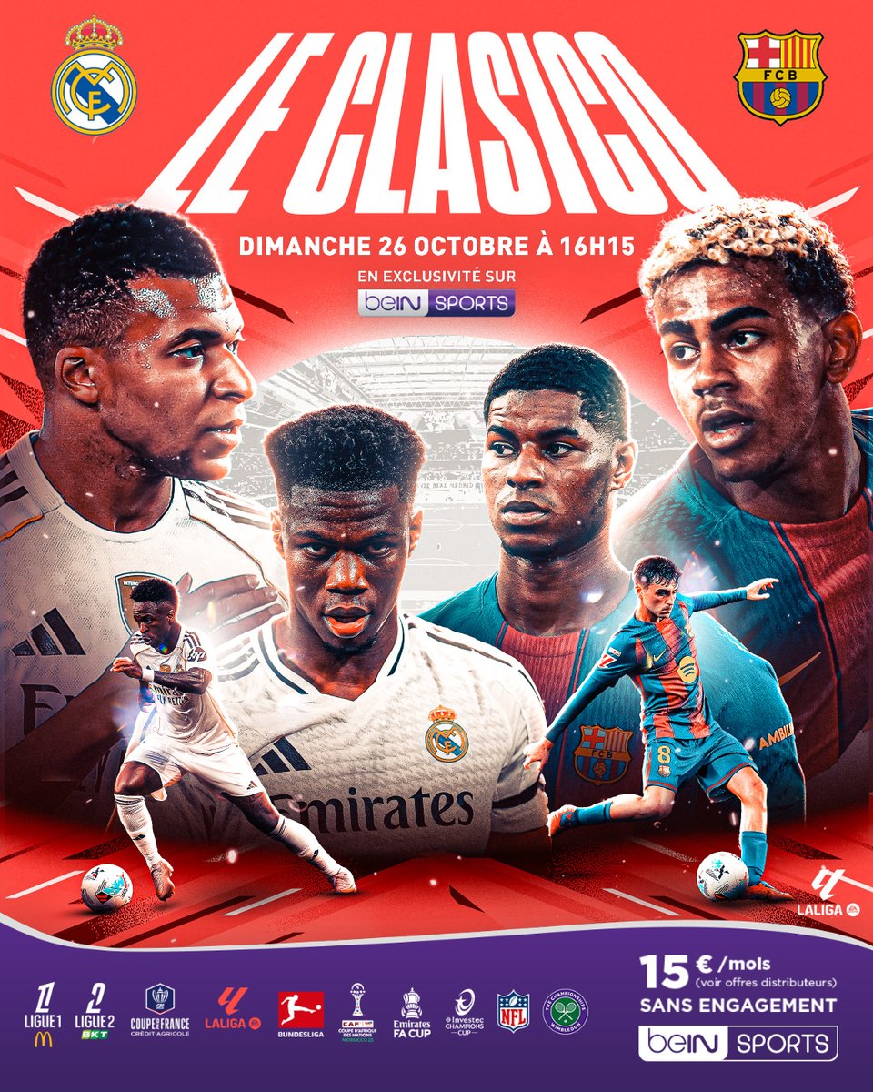🔥 #CLASICO - J-2 !
🇪🇸 Real Madrid 🆚 FC Barcelone
🗓️ Dimanche 26 octobre - 16H15
📺 beIN SPORTS 1