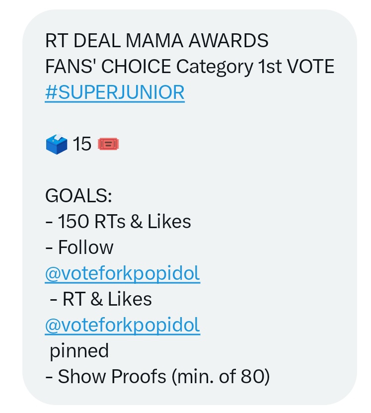 heechulxteukie's tweet photo. RT DEAL MAMA AWARDS 
FANS' CHOICE Category 1st VOTE #SUPERJUNIOR 

🗳️ 15 🎟

GOALS:
- 150 RTs &amp; Likes
- Follow @voteforkpopidol
- RT &amp; Likes @voteforkpopidol pinned
- Show Proofs (min. of 80) https://t.co/xTruy9lRc1