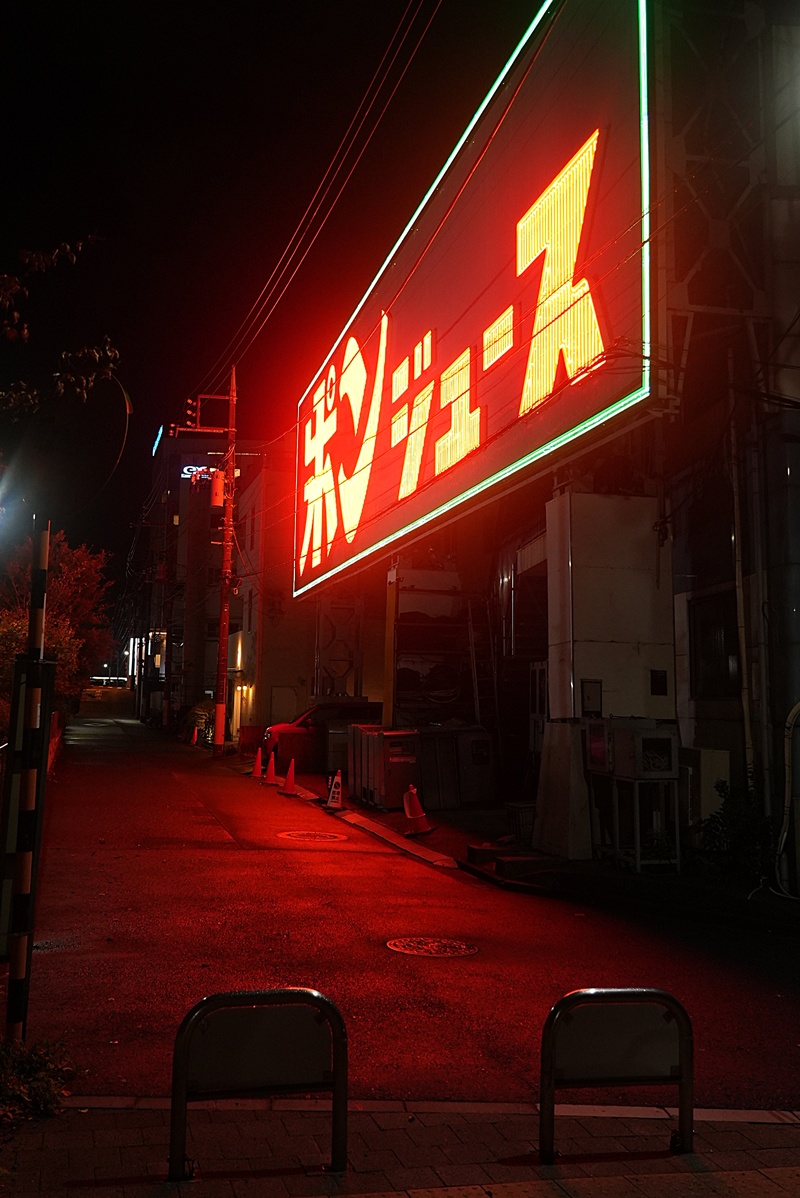 羽田空港モノレール沿い、サイバーパンクな巨大ネオン。真下のアスファルトが赤く染められシネマティックでした