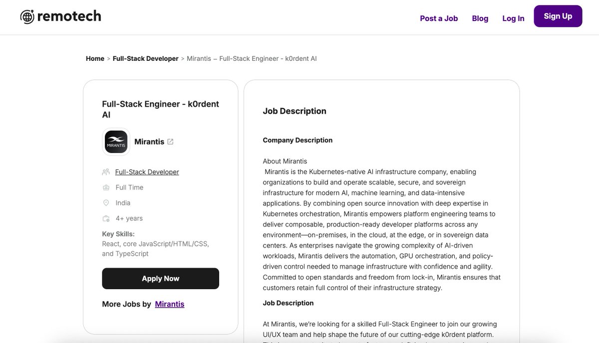Remotech_ai's tweet image. Mirantis is hiring Full-Stack Engineer
Location: India
Role: Full-Stack Developer
🔗 View Details:
remotech.ai/jobs/full-stac…
Sign up to get early access to top remote tech jobs 👇
remotech.ai/sign-up
#RemoteWork #RemoteJobs #FullstackDeveloper #TechJobs