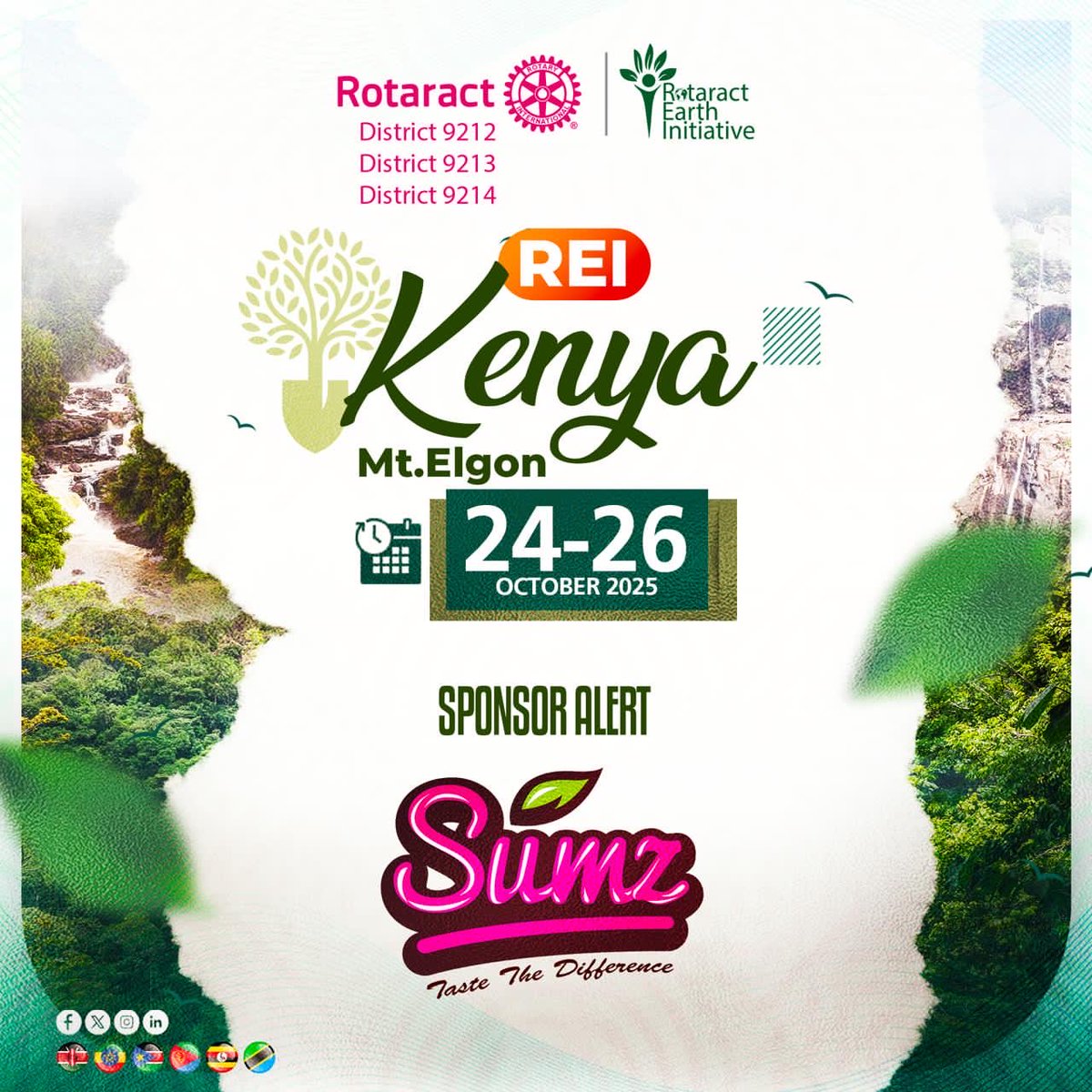 RotaractD9213's tweet photo. 🚨 Sponsor Alert!🌿

The Rotaract Earth Initiative is thrilled to welcome @sumz_snacks on board for REI Kenya 2025! 

When purpose meets passion, impact grows and together, we’re driving cleaner, healthier, and more sustainable communities across the region. 🌍✨

🗓️ 24–26 October 2025 | Mt. Elgon

#REIKenya25
TogetherOneActAtATime
#rotaryeyamba