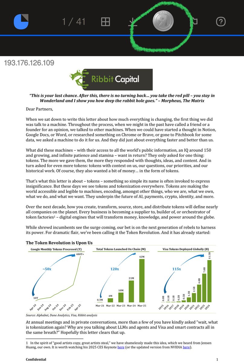 勲章がハイライトされたRibbit CapitalのToken Letterページのスクリーンショット