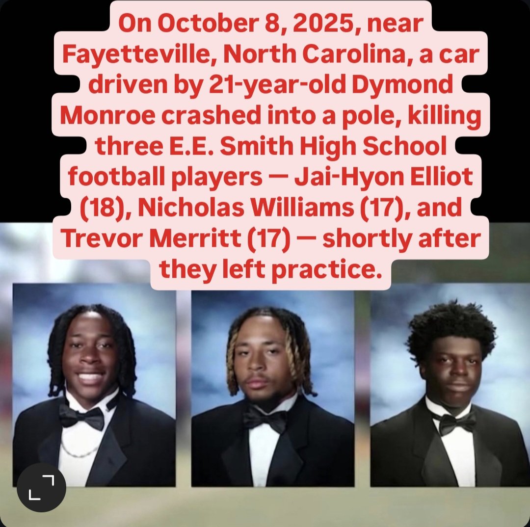 lindannanna's tweet image. Sisters were racing before fatal crash — Police say 3 E.E. Smith High School players died when 21-yr-old Dymond Monroe lost control while racing her sister in Fayetteville, NC. Monroe faces manslaughter charges.

📌 WLBT | PEOPLE | The Sun
#CriminalLibrary #Fayetteville #StreetRa