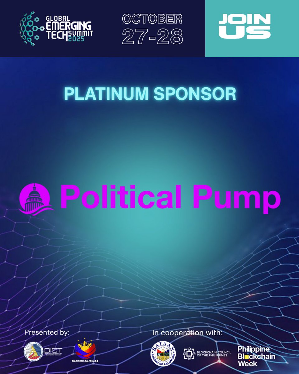 philippinebc_wk's tweet photo. π Platinum Sponsor Spotlight!
Weβre excited to welcome Political Pump as a Platinum Sponsor of GETS2025β empowering innovation & shaping the future of AI, blockchain, & emerging tech.
π
Oct 27β28, 2025 π Bataan Peopleβs Center, Balanga City, Bataan
#PBWx #DigitalBayanihan https://t.co/yCRukWxYf6