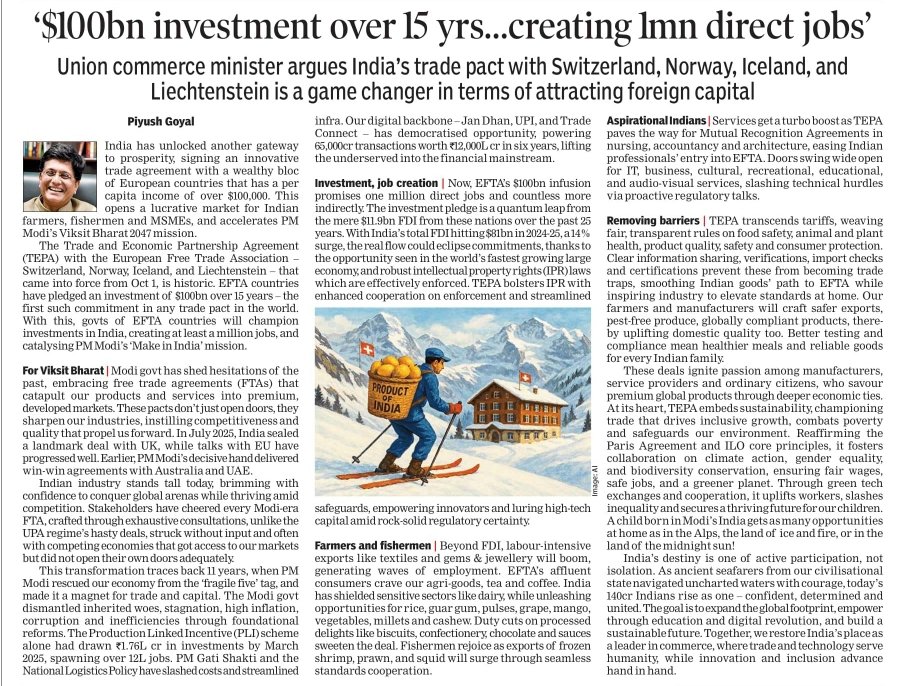In this article in the @TimesOfIndia, I elaborate on how the India-EFTA Trade and Economic Partnership Agreement (TEPA) is a game-changer for India in terms of attracting foreign investments, creating at least a million jobs, and catalysing PM @NarendraModi ji's 'Make In India'