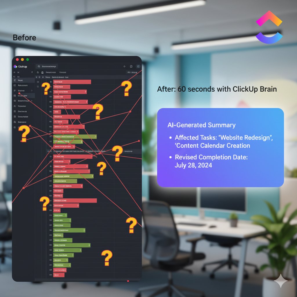 shazmikk's tweet image. Remember that sinking feeling when a single task gets blocked?
Used manually checking every dependency and sending a dozen &quot;status update?&quot; messages.
Now, ClickUp Brain&apos;s AI instantly maps the ripple effect and auto-generates a clear impact report in 60 seconds. 🚀 #ClickUpAI
