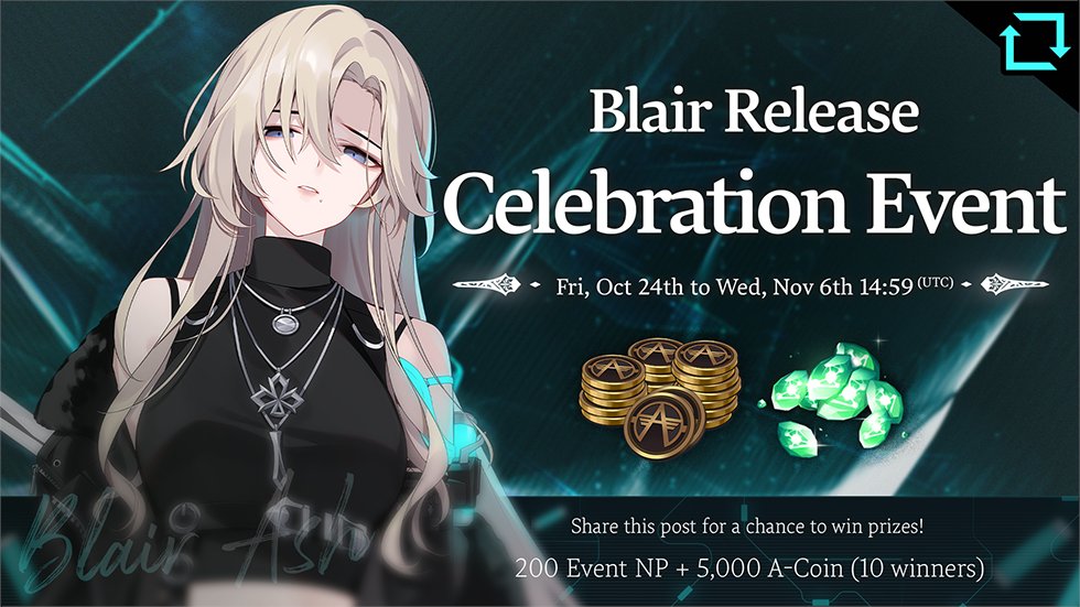 📢 [Blair Release Celebration Event] 

Blair, our 84th test subject, is joining Lumia Island on Oct. 30th.
To celebrate, we're giving prizes to random lucky winners!

🖊️How to participate: Follow <a href="/_EternalReturn_/">Eternal Return - S9: Matsuri 🎇</a> and repost this post
🎁 Reward: 200 Event NP (7 Days)  &amp; 5,000