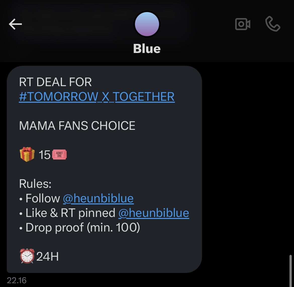RT DEAL FOR #TOMORROW_X_TOGETHER 

MAMA FANS CHOICE

🎁 15🎟

Rules:
• Follow <a href="/heunbiblue/">Blue</a>
• Like &amp; RT pinned <a href="/heunbiblue/">Blue</a>
• Drop proof (min. 100)

⏰24H

#2025MAMAVOTE #TOMORROWXTOGETHER 

rt this post count as vote 🔥