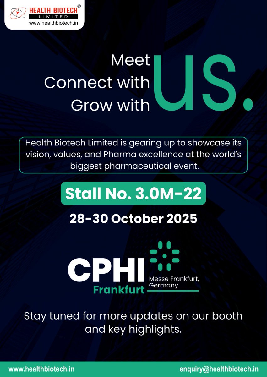 HBLHealth4All's tweet photo. ๐ก Meet. Connect. Grow with Health Biotech Limited at #CPHIFrankfurt2025! ๐ก
Showcasing our vision, values & pharma excellence on the world stage. ๐โจ
๐ Stall 3.0M22 | ๐
28โ30 Oct 2025 | ๐ Messe Frankfurt
๐ https://t.co/LUA3HMyHsO
#healthbiotech #pharma #cphifrankfurt https://t.co/GaglhbK1QV