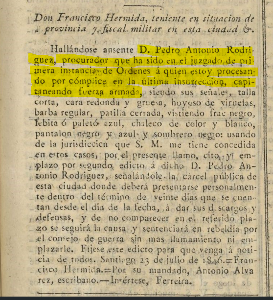 CsarCarams's tweet image. O Governo Galego de 1846 mandou constituirem-se juntas revolucionárias locais e partidas armadas de civis por toda Galiza. Cumpriu-se. Velaqui Pedro Antonio Rodríguez, procurador de Ordes, como capitám dos “Defensores del Pueblo” da sua comarca no BOP de Lugo de 07-08-1846.