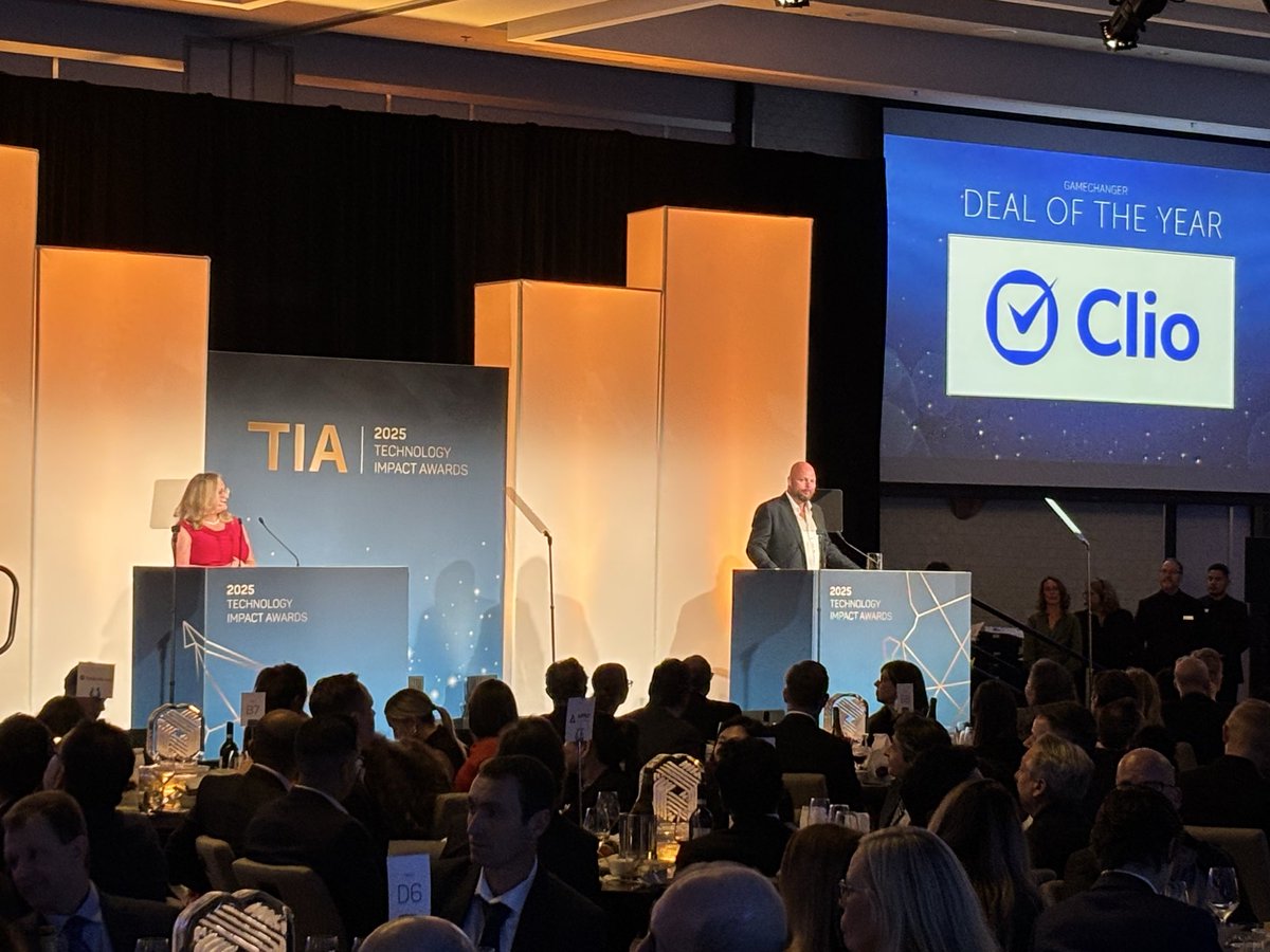 Burnaby-based legal tech company <a href="/goclio/">Clio</a> received deal of year award this evening from <a href="/wearebctech/">BC Tech Association</a> for raising US $900M last July. During speech, CEO Jack Newton said its US $1B acquisition of <a href="/vlex/">vLex</a> got approved by all regulators today. #2025TIAS #BCTECH
