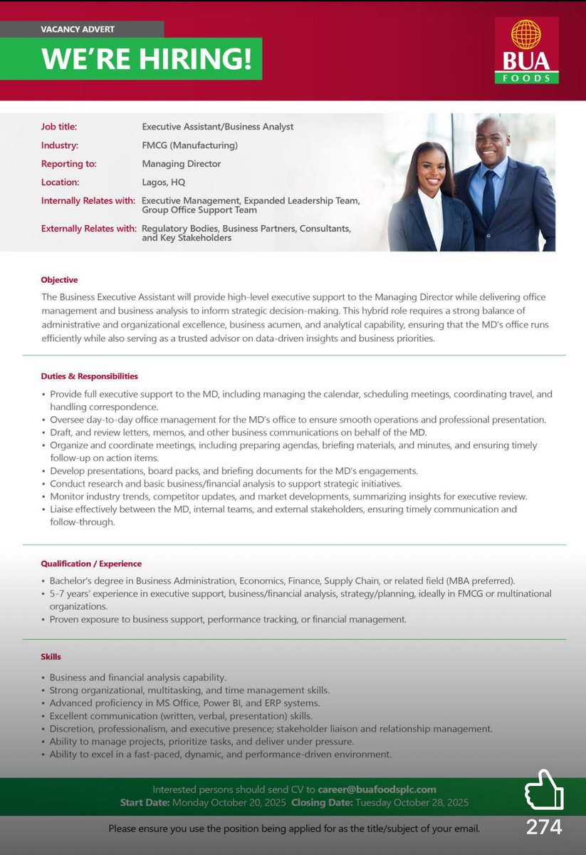 hannytalker's tweet image. BUA FOODS IS HIRING!

We are looking for a suitable candidate to provide high-level executive suport to the Managing Director while delivering office management and business analysis to inform strategic decision-making. 

This hybrid role requires a strong balance of…