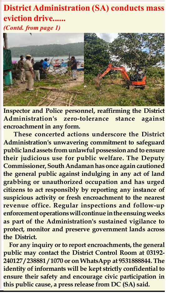MediaRN_ANI's tweet photo. #NewAndamans
#ZeroTolerance
@DcSouthandaman conducted mass eviction drive of 7 encroachments including 6 fencing structures and 1 temporary shed at #AtomPahar #Garacharma, thereby restoring 2500 Sq mtr of Govt. land. Similarly, a clearance of an illegal obstruction, temporary railing erected over Govt. land at #NorthBay was also carried out.