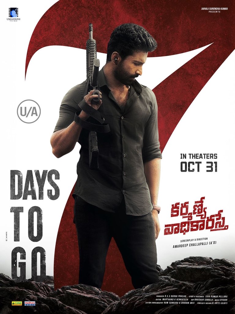 The countdown is ON! 🔥

Only 7️⃣-days left for #KarmanyeVadhikarasthe!

Releasing in cinemas on October 31st 🎥
See you in Theatres! 🍿

<a href="/actorbrahmaji/">Brahmaji</a> <a href="/ShatruActor/">Iam_ shatru</a> <a href="/Actor_Mahendran/">Master Mahendran 🔱</a> <a href="/adthedirector/">amardeep.challapalli</a> 
<a href="/samalabhasker/">Bhasker Samala</a> <a href="/Cinedigital_tfi/">Cine Digital</a> @madhuraaudio <a href="/paulpavan78/">Pavan Kumar</a>