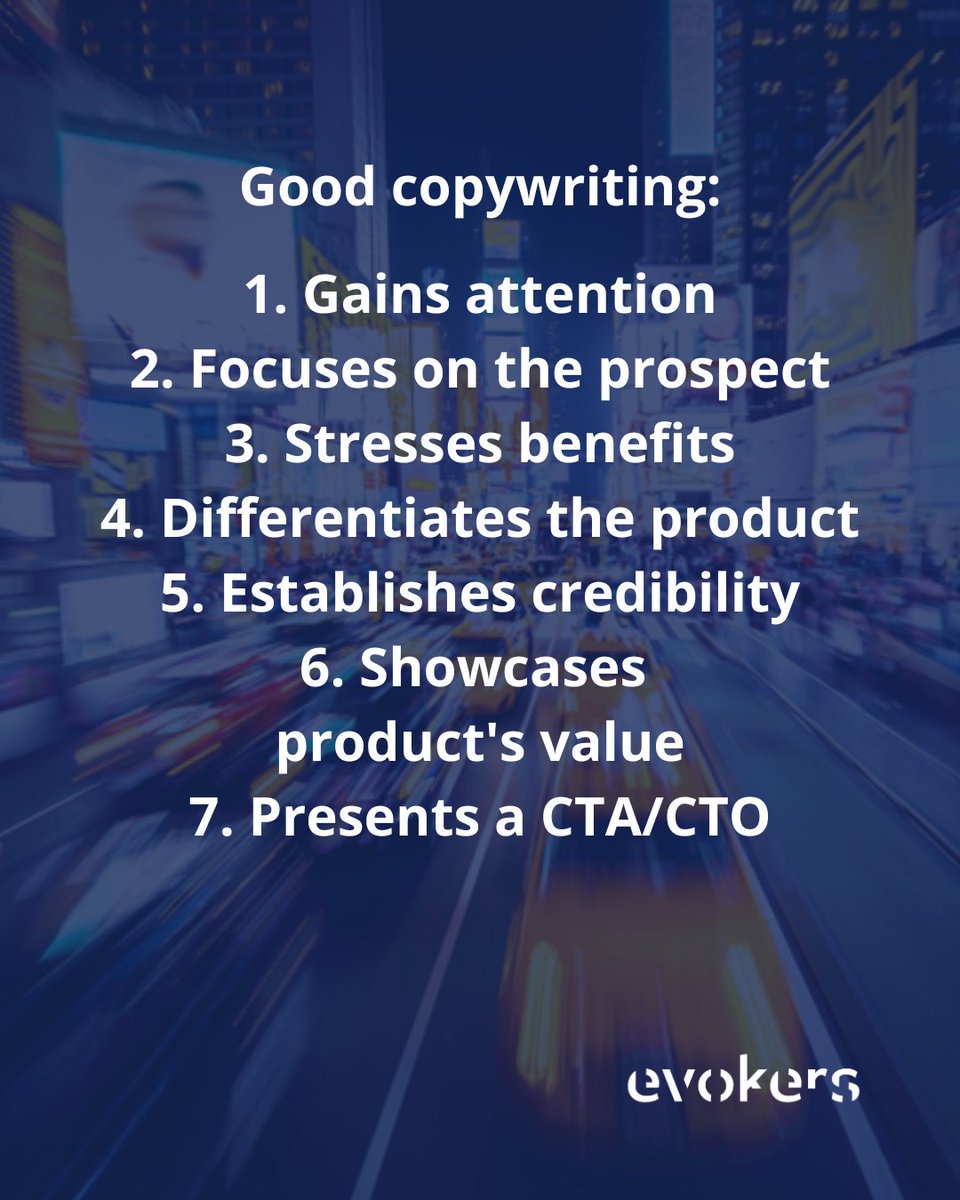 evokersbranding's tweet image. Good copywriting:
1. Gains attention
2. Focuses on the prospect
3. Stresses benefits
4. Differentiates the product
5. Establishes credibility
6. Showcases product's value
7. Presents a CTA/CTO
Make sure yours has all of the above.

We create global #brands evokers.gr