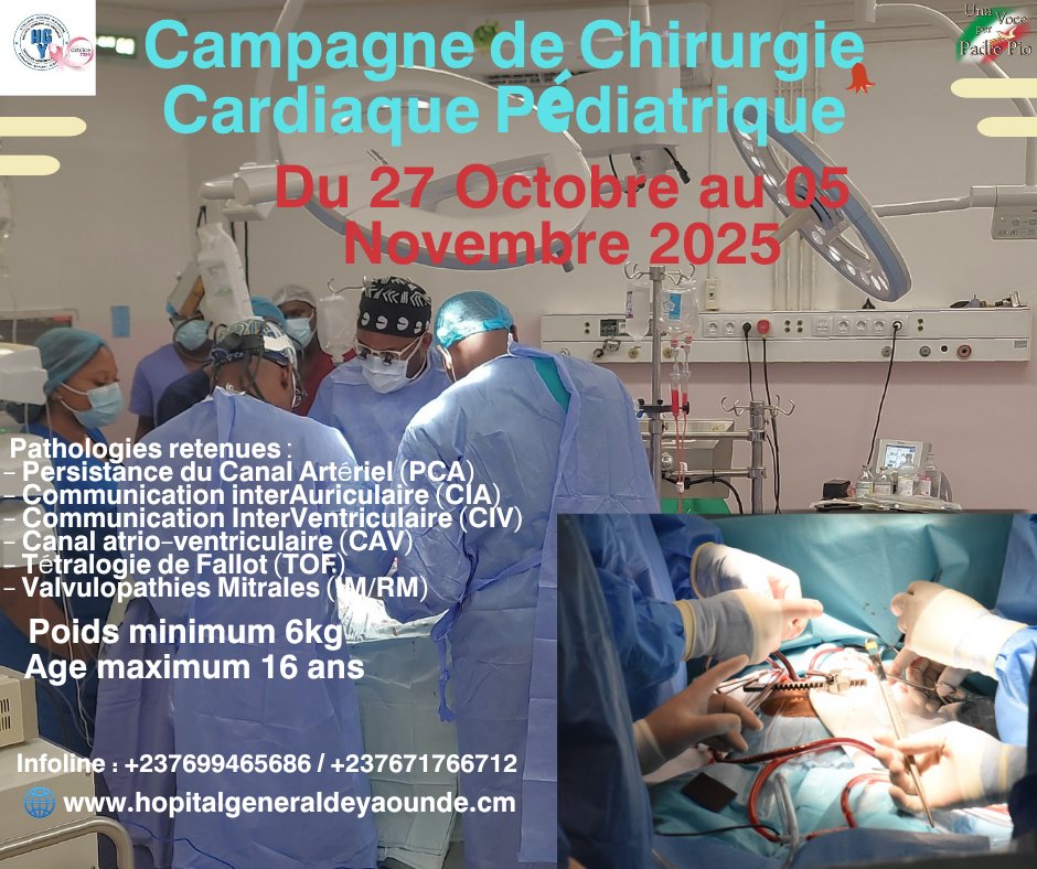 general_hopital's tweet photo. GÉNÉRAL-INFOS
Campagne gratuite de Chirurgie Cardiaque Congénitale Pédiatrique à l'#HGY avec l'appui de l'Ong italienne #Unavoceperpadrepio du 27 Octobe au 05 Novembre 2025. Venez nombreux https://t.co/kYFNanVpc2