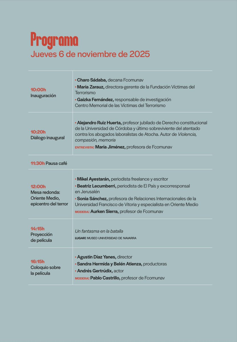 FundaciónVT (@_fundacionvt) on Twitter photo IV Jornada Contar el Terror
"TERRITORIOS DE MEMORIA"
📆6 de noviembre #Pamplona
⏱️Desde las 10,00 h 
🏛️<a href="/fcomunav/">fcomunav</a> - Campus de la Universidad de Navarra  
Dirige: <a href="/maria_jimenezr/">María Jiménez</a>
🅾️<a href="/MemorialVT/">Centro Memorial VT</a>+<a href="/_FundacionVT/">FundaciónVT</a>+<a href="/unav/">Universidad de Navarra</a>
🆑<a href="/gob_na/">Gobierno de Navarra</a>
IV Jornada Contar el terror. Territorios de memoria IV Jornada Contar el Terror
"TERRITORIOS DE MEMORIA"
📆6 de noviembre #Pamplona
⏱️Desde las 10,00 h 
🏛️<a href="/fcomunav/">fcomunav</a> - Campus de la Universidad de Navarra  
Dirige: <a href="/maria_jimenezr/">María Jiménez</a>
🅾️<a href="/MemorialVT/">Centro Memorial VT</a>+<a href="/_FundacionVT/">FundaciónVT</a>+<a href="/unav/">Universidad de Navarra</a>
🆑<a href="/gob_na/">Gobierno de Navarra</a>
IV Jornada Contar el terror. Territorios de memoria