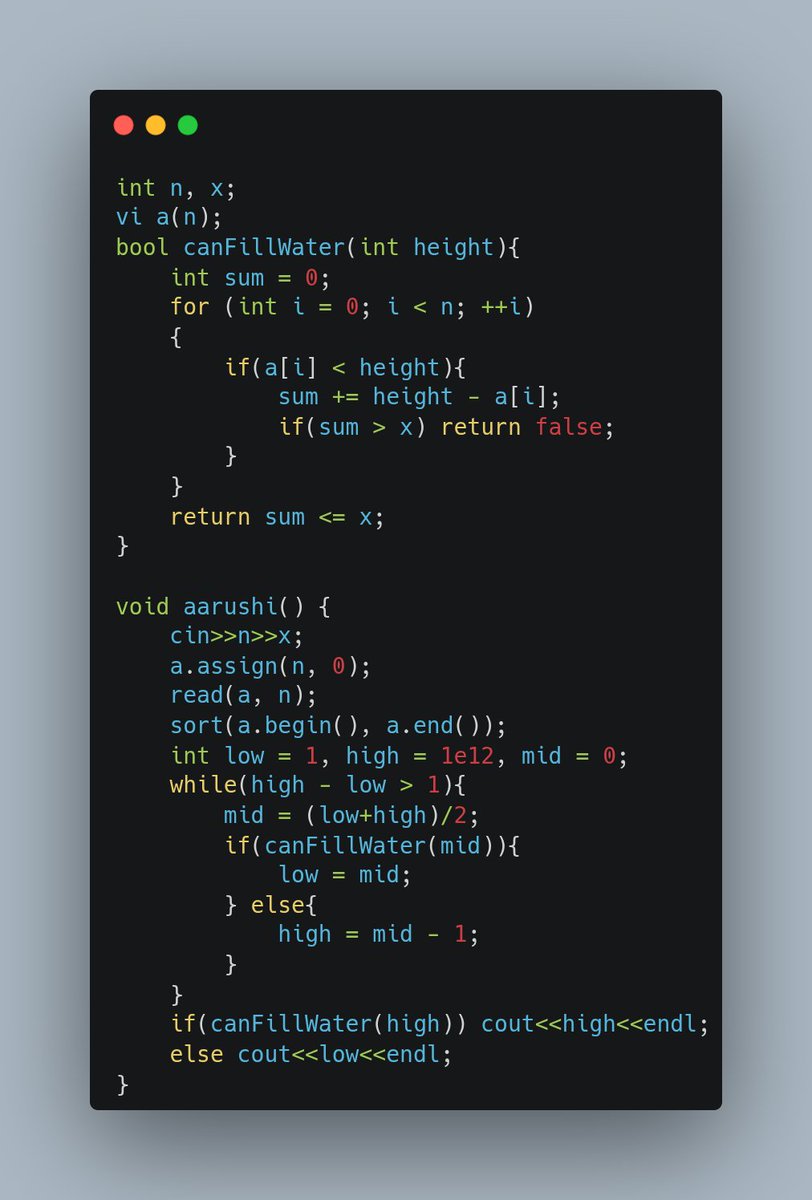 aarushitwts's tweet image. Today's topic is Binary Search ✨
Started with this easy 1100 rated problem, this is how usually i approach BS problems:
1️⃣Define the predicate function (monotonic true/false)
2️⃣Set search space
3️⃣BS loop: move low/high
4️⃣Final check for answer
codeforces.com/problemset/pro…