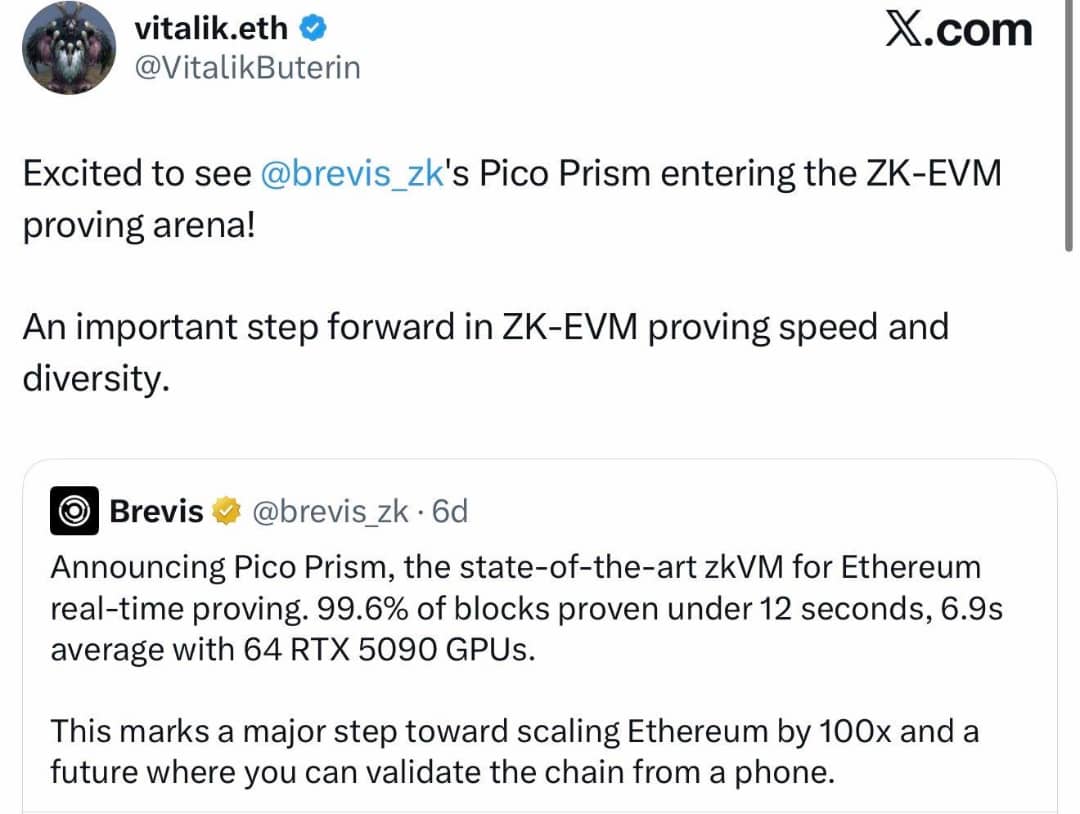 chibuezentachi's tweet photo. Vitalik Buterin supports @brevis_zk because they have developed a zero-knowledge coprocessor that validates complete blockchain transaction histories. 

This technology enables practical applications including incentive distribution based on trading volume, blockchain-based creditworthiness assessment, and inter-blockchain verification systems. 

The platform currently facilitates over three hundred million dollars in reward programs and secures more than four billion dollars across twenty protocols.