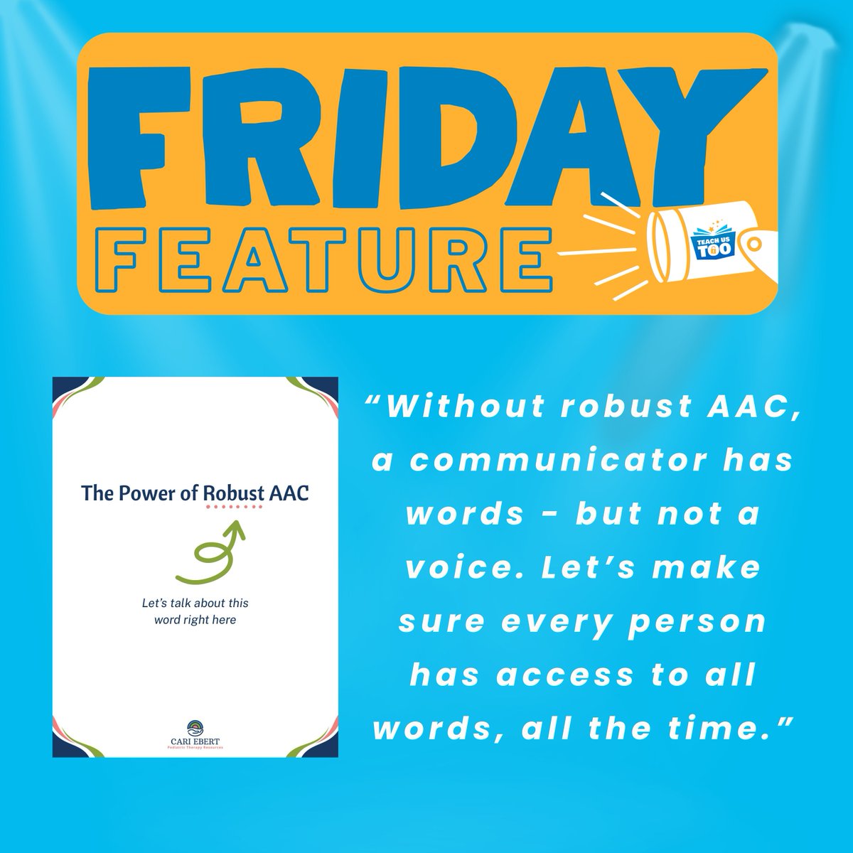 TeachUsToo's tweet image. 𝗙𝗿𝗶𝗱𝗮𝘆 𝗙𝗲𝗮𝘁𝘂𝗿𝗲: Cari Ebert’s “The Power of Robust AAC” reminds us that communication is more than requests. Every AAC user deserves a system rich enough to express it all.
🔗 Read the full post here: ow.ly/Iy3A50XglVP
#TeachUsToo #AAC #LiteracyForAll