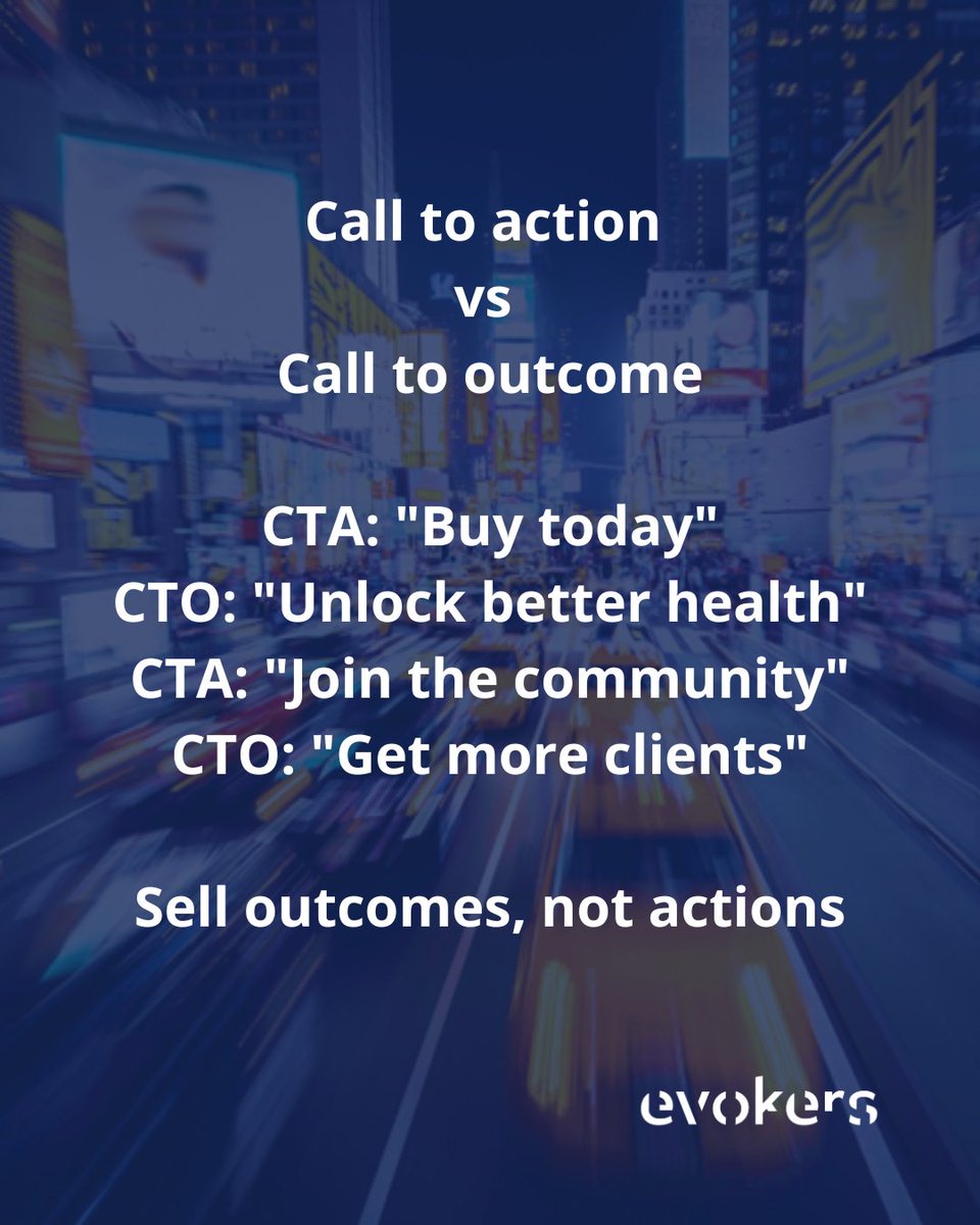 evokersbranding's tweet image. Call to action vs Call to outcome
CTA: "Buy today"
CTO: "Unlock better health"
CTA: "Join the community"
CTO: "Get more clients"
Sell outcomes, not actions

We create global #brands by implementing #branding and #marketing strategies.
evokers.gr
We are brand #evokers