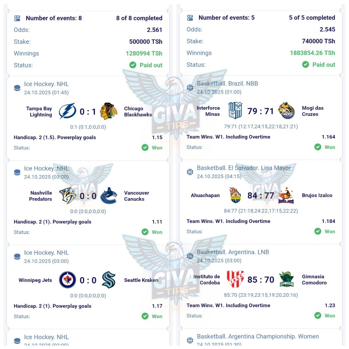 GIVATIPS RIPOTI YA JANA
💥🔥✅💥🔥✅💥🔥✅💥

📌 MIDNIGHT BASKETBALL 🏀
▫️  💰      1.88 MILLION  ✅✅

📌NHL ICE HOCKEY 🏒 🏒 
▫️  💰      1.28 MILLION  ✅✅

JUMLA 👉🏾3.16 MILLION 🔥💥✅

🫵🏾Mikeka tunacheza kwa kutumia kampuni ya PARIPESA 

Kama huna account jisajili usipitwe