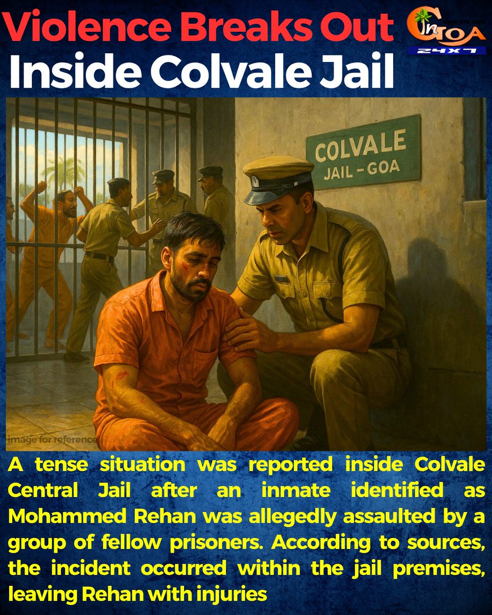 InGoa24x7's tweet photo. A tense situation was reported inside Colvale Central Jail after an inmate identified as Mohammed Rehan was allegedly assaulted by a group of fellow prisoners. According to sources the incident occurred within the jail premises, leaving Rehan with injuries

#Violence #ColvaleJail https://t.co/TiZ2tdN2J1