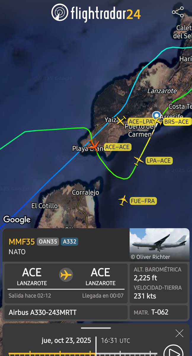 <a href="/StargazerLzt/">Stargazer Lanzarote🇮🇨🇪🇸</a> Hola. No era un vuelo comercial sino militar. Un A330 cisterna para reabastecimiento en vuelo. Está participando en los ejercicios Ocean Sky que se desarrollan estos días en Canarias. 
En ese momento realizaba la maniobra de aproximación al aeropuerto de Lanzarote. 
Esa maniobra