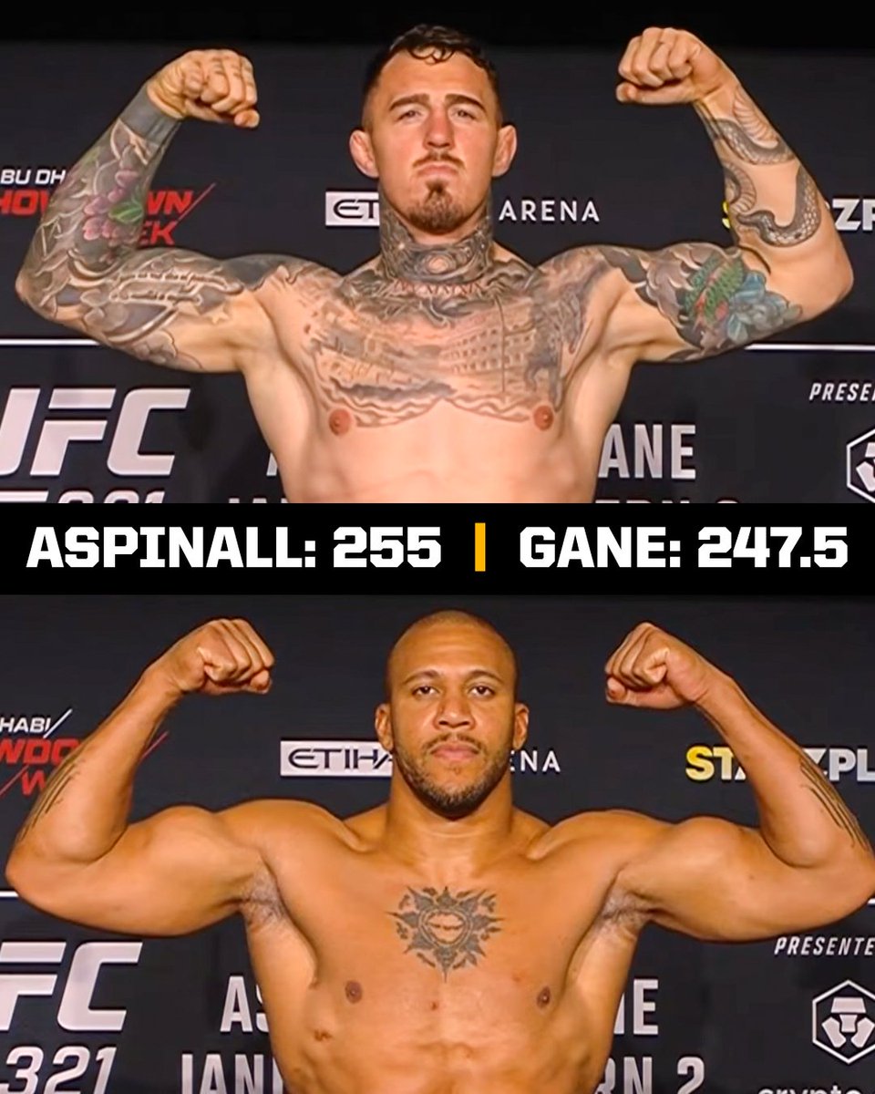 SportsCenter's tweet image. Tom Aspinall and Ciryl Gane have weighed in ahead of their undisputed heavyweight championship main event 🙌

Stream #UFC321 this Saturday at 2 PM ET on ESPN PPV 🍿