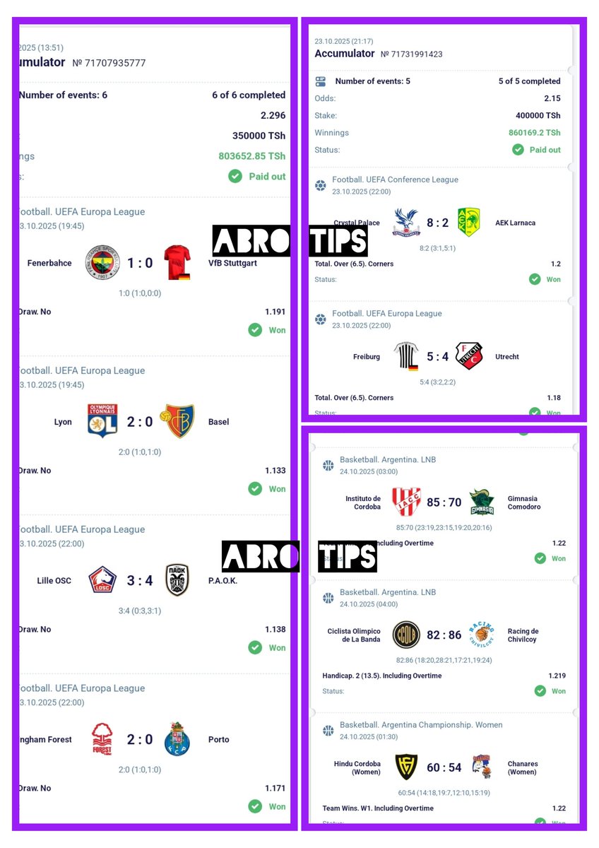 RIPOTI YA JANA 🔥🔥

SCORE DRAW NO⚽
✅️✅️✅️
Tshs 800, 000/=

CORNERS KICK⚽️
✅✅✅️
Tsh 860, 000/=

BASKETBALL🏀
✅️✅️✅️
Tshs 640, 000/=

💥Jumla Tsh : 2,200, 000/=

🧿Fungua account yako hapa👇 

🔐paripesa.bet/abrotips

Promocode Jaza ➡️ ABROTIPS