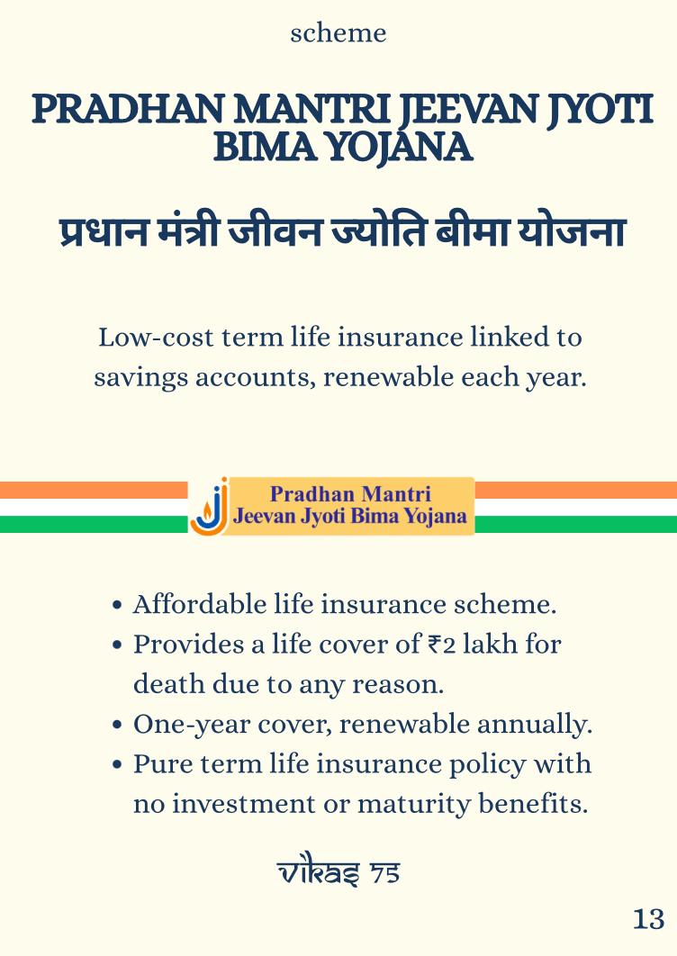 SujeetKOfficial's tweet image. #KnowYourScheme

#Pradhan Mantri Jeevan Jyoti Bima Yojana provides low-cost term life insurance linked to savings accounts, renewable each year. It provides ₹2 lakh cover for an annual premium of just ₹436. Eligibile for ages 18–50 with a savings account; coverage till age 55.…